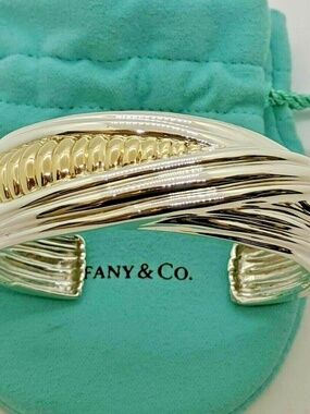 Tiffany & Co. Sterling Silver 14k Yellow Gold 52 Gram Groove Wide Cuff Bracelet